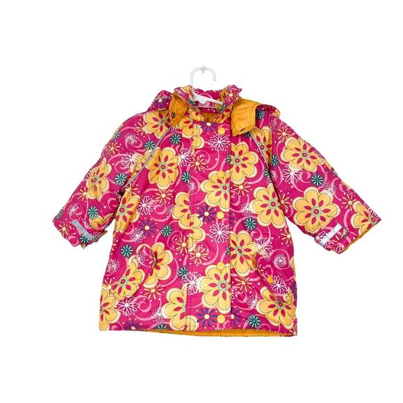 Hanna Andersson Girl’s Puffer Coat Jacket Bright Pink Yellow Floral Sz 80 (2T) - Picture 1 of 14